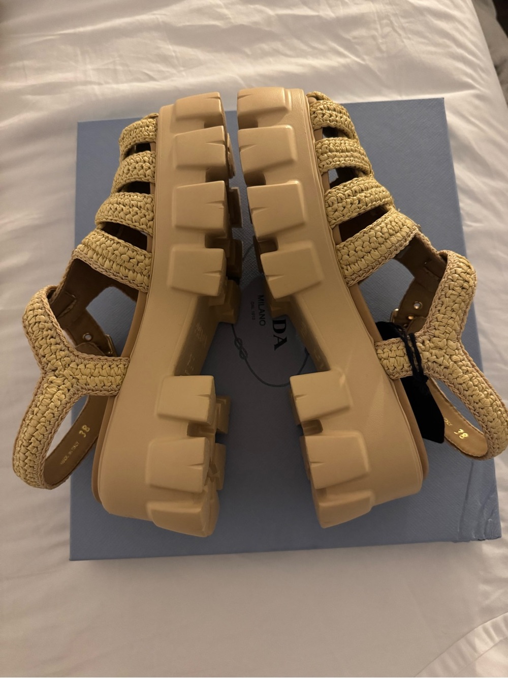 Prada Women’s Cream Woven Fisherman Sandals with Gold Logo - Picture 5 of 6